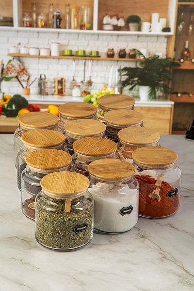 Karçiçeği Home 12-Piece Bamboo Lid, Spoon and Label Spice Rack Set 24 Pieces