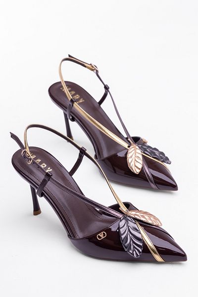Tasarım Women's Patent Leather Shiny Leather Leaf Accessory Thin Heeled Stylish Stiletto Shoes |   Elegant and Special Design