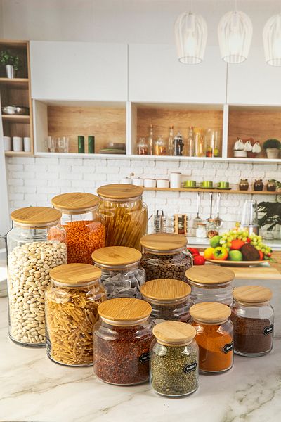 Karçiçeği Home 12 Pieces Bamboo Lid Glass Vacuum Pulses Storage Container Jar Set
