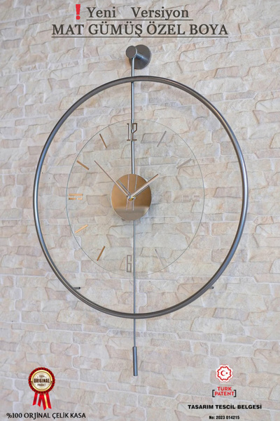 MetaQuartz Aksesuar Büyük Boy Gümüş Luxry Şeffaf Camlı ,modern Dekoratif Metal Duvar Saati (FIRIN BOYA)