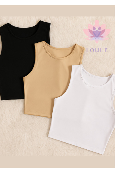 Loule Kadın Giyim Pamuklu & Elastan Kolsuz Bisiklet Yaka 3 Adet Beyaz - Siyah...