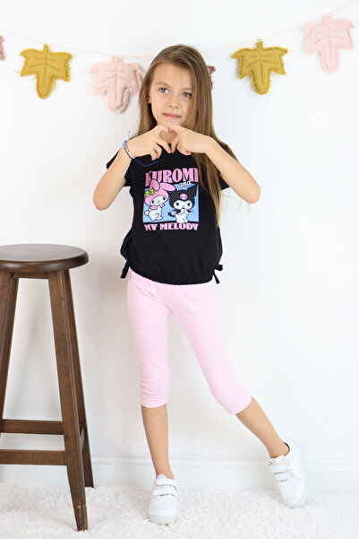 ESİLA KİDS Girl's Suit Kuromi Printed Black T-Shirt 2-Piece Leggings Suit Summer Casual Combination 3-7 Years Old