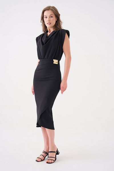 bayansepeti Black Flexible Shrimp Wrap Cut Accessory Midi Black Dress 77119