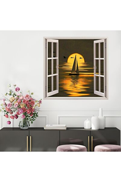HDART Soyut Açılır Pencere Görünümlü Yelkenli Kayık Deniz Günbatımı Manzaralı...