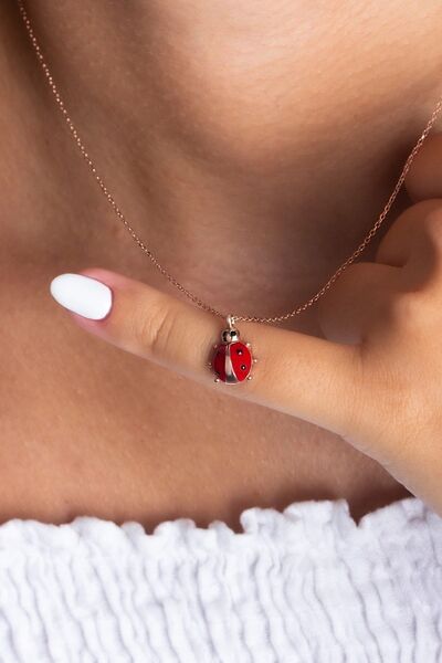 TEK TARZIM TAKI Uğur Böceği Gümüş Kolye Kadın Rose Renkli Uğurböceği Kolye 925 Ayar Gümüş