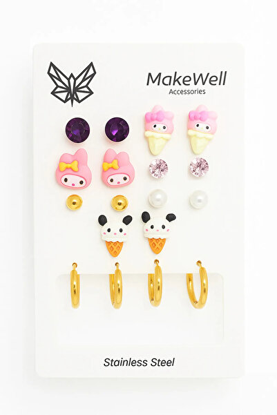 MakeWell Çelik Küpe Renk Atmaz Kararmaz Çelik Hello Kitty Dondurma Kuromi Tasarımlı Halka Çelik Küpeli Set