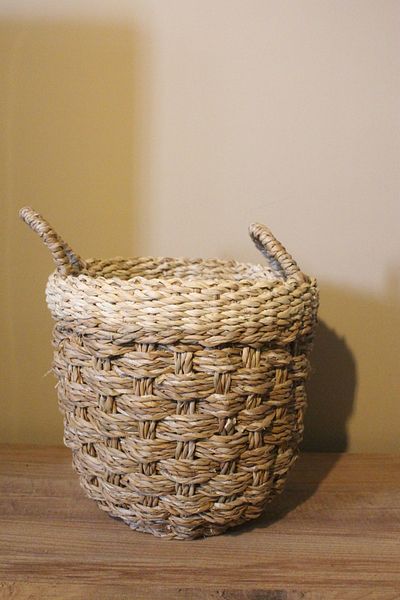 Paganca Medium Size Handle Thick Knitted Straw Basket with Cream Stripe on the Top
