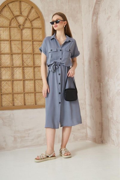 Pasaklı Giyim Women's Gray Wide Cut Pockets Short Sleeve Buttoned Casual Long Summer Safari Shirt Dress 4045410