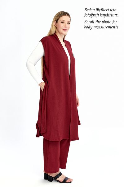 Laden Plus Size Women's Summer Oversized Hijab Pants Belted Brooch Pocket Long Vest Double Burgundy Suit