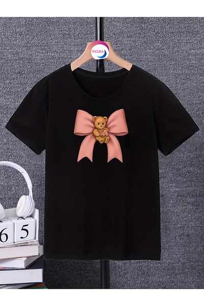 Pelna Copii Trend Model Negru Imprimat Bumbac Gât Crew