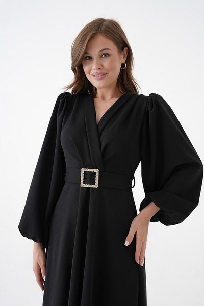 barış sülün lovebox Women's Crepe Fabric Double Breasted Neckline Balloon Sleeve Belt and Padded Design Black Midi Evening Dress 77132