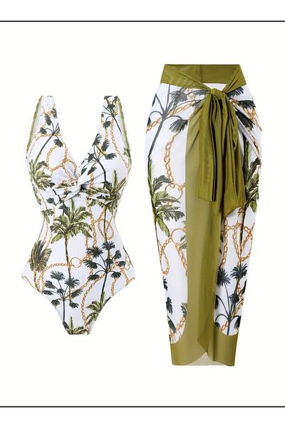 Phellos Chain and Palm Patterned Women's Swimsuit & Pareo Set – Stylish Summer Set