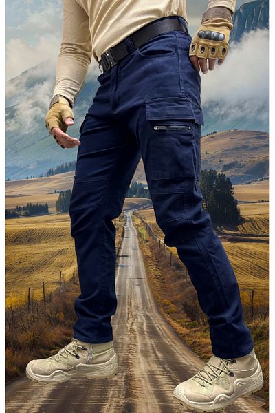 Polviton Men's Cargo Pants Tactical Combat Zipper Pocket Division Navy Blue