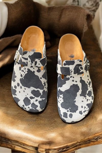 Land of Cork Women's Cow Cow Patterned Anatomical Cork Sole Slippers, Handmade Comfortable Daily Slippers