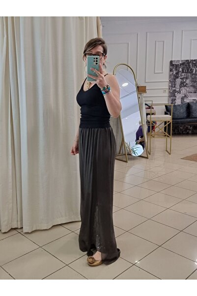 pudubutik Paçası Payetli İpek Pantolon Kahverengi