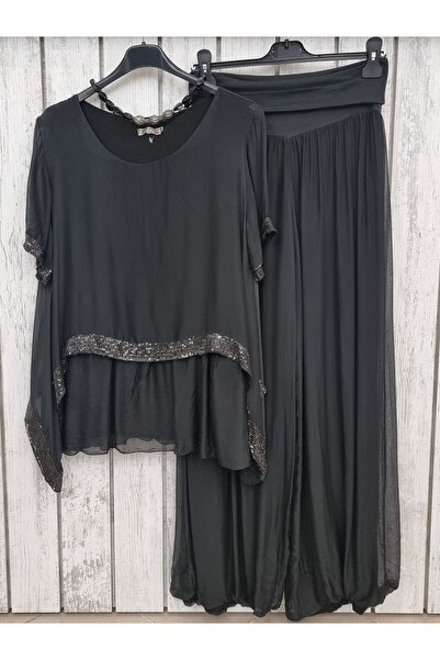 pudubutik بلوزة حريرية سوداء مطرزة بالترتر إيطالية