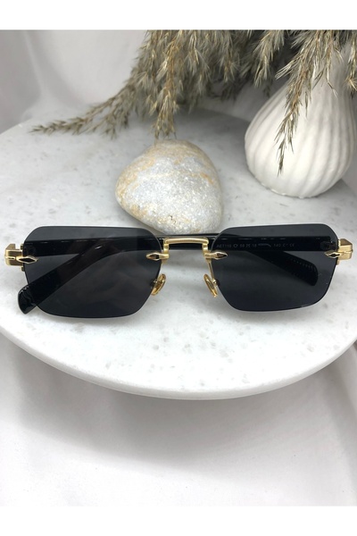 Mazzy نظارة شمسية مستطيلة الشكل باللون الأسود مع تفاصيل ذهبية موديل Eşref Single