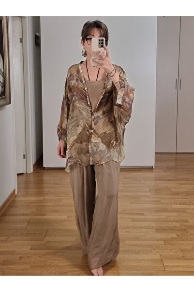 pudubutik Silk Chiffon Trousers Brown Italian