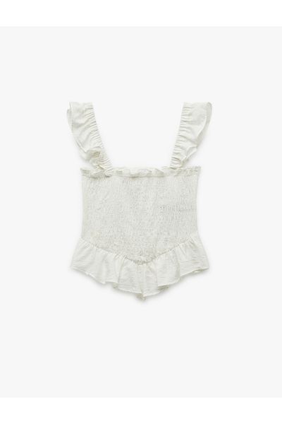Koton Viscose Fabric Gipeli Textured Square Neck Ruffled Strap Crop Blouse