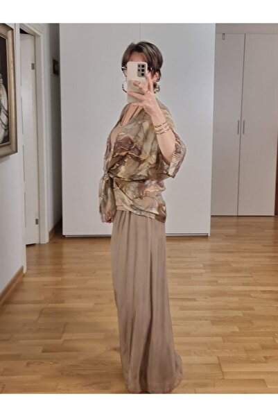 pudubutik Silk Chiffon Trousers Brown Italian