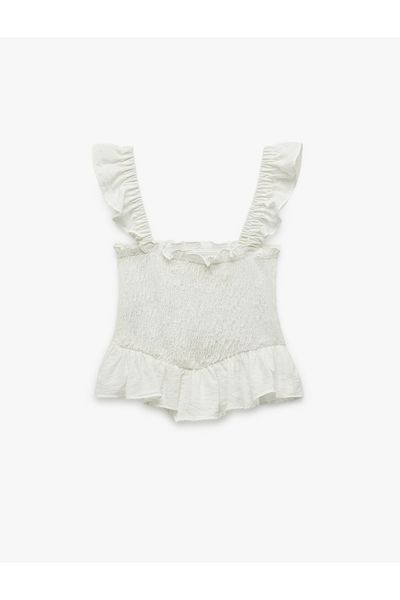 Koton Viscose Fabric Gipeli Textured Square Neck Ruffled Strap Crop Blouse