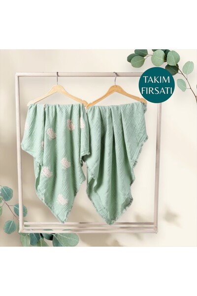 Mint Karavan Nakışlı & Düz Mint 2’li Müslin Örtü Seti – 4 Kat %100 Pamuk – 110x110 Cm