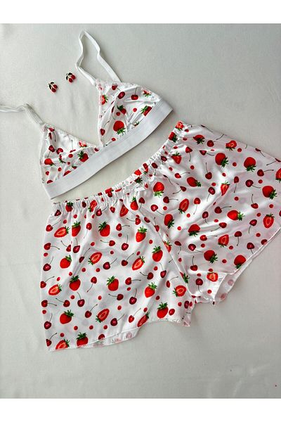 İNKO İÇ GİYİM Satin Patterned Bralet Shorts Set with Lace Detail