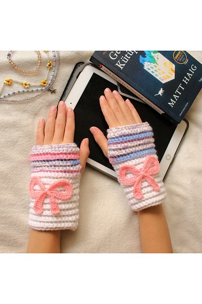 TRENDİN YOLU Handmade Bowknot Winter Fingerless Model Glove Style