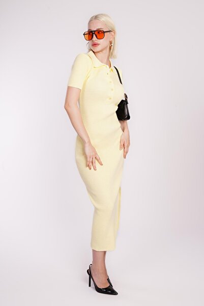 Madmext Sarı Yandan Yırtmaçlı Polo Yaka Kadın Triko Elbise MG1480