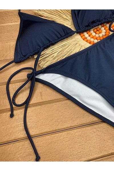 XORVİO Women's Lycra Flexible Side and Neck Tie Stylish Drawstring Triangle Navy Blue Bikini Suit