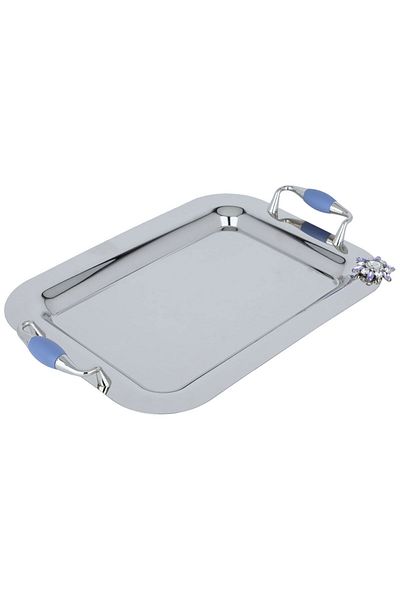 Alsaif Gallery Al Saif Gallery Steel Toferia Set, 41x26x4 cm, 2 dates with blue lid, glass bowl, 4 pieces - silver