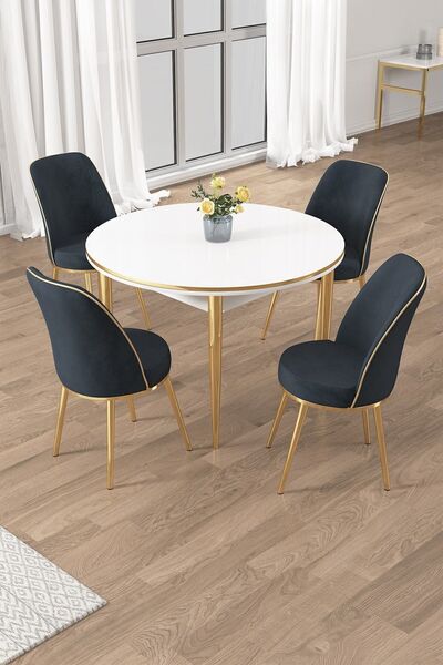 Canisa Osle Serisi 90x90 Yuvarlak Beyaz Mutfak Masa Takımı 4 Sandalye Gold Detay