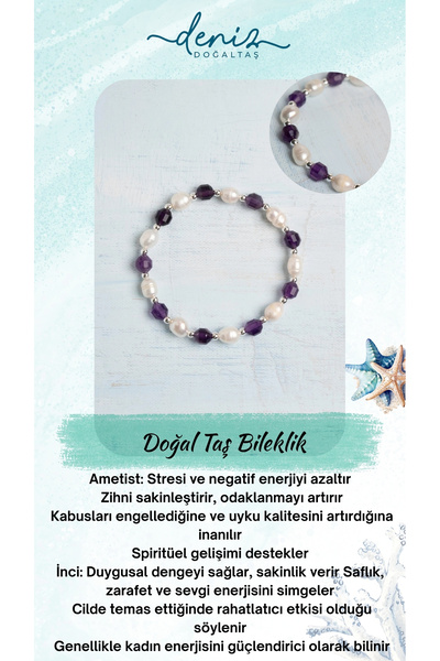 Deniz Doğal Taş Certified Amethyst and Pearl Natural Stone Bracelet