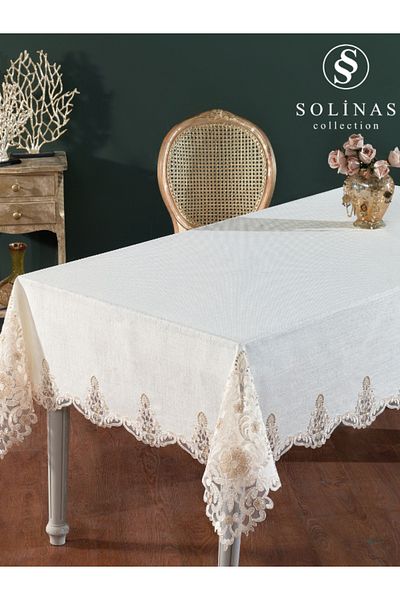 Solinas Collection Roma Cream Linen Fabric Mink Embroidered Table Cloth