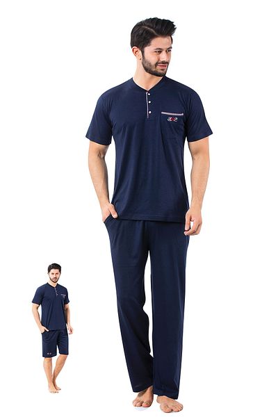 ALİMER Σετ ανδρικές πιτζάμες - Navy Blue Crest 3 τεμαχίων σε κουτί κεντημένο Lycra κοντομάνικο χτενισμένο βαμβάκι 1103