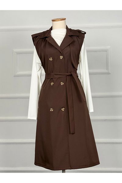 RACE FASHİON Belted Waist Double Pocket Vest Trench Coat Rc3037