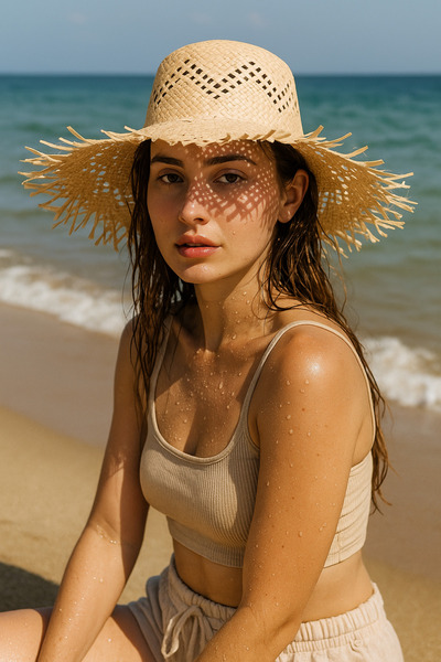 Luminos Butik Pălărie perforată cu ciucuri din paie bej - Accesoriu de plajă ...