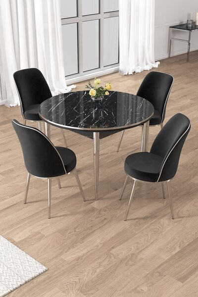 Canisa Osle Serisi 90x90 Yuvarlak Siyah Mermer Desen Mutfak Masa Takımı 4 San...