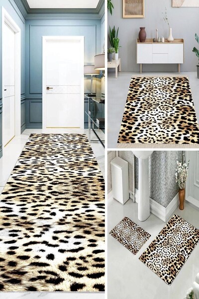 on the clouds 3'lü Yatak Odası Halısı Takımı Yolluk 3'lü Set Leopar (1ad - 2a...