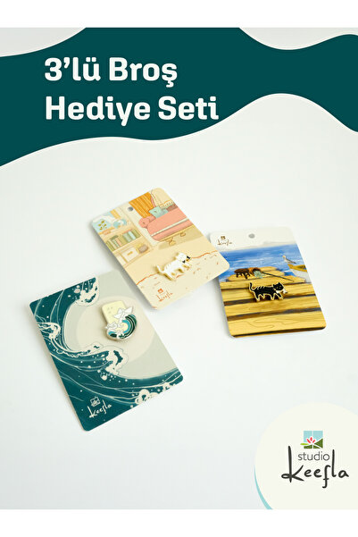 Studio Keefla 3'lü Tasarım Broş Hediye Seti- Rozet Metal