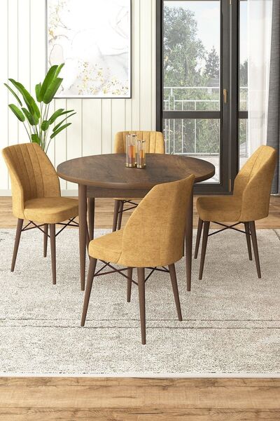 Canisa Rox Serisi Yuvarlak 90x90 Barok Ahşap Desenli Sabit Masa 4 Cappucino Sandalye Mutfak Masası Takımı