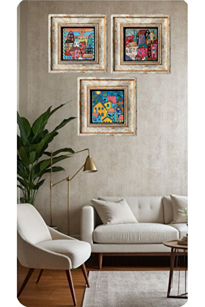 STONEVİVEART Küçük Evler Doğal Taş Tablosu 3 Adet 20x20 Cm Duvar Dekoru