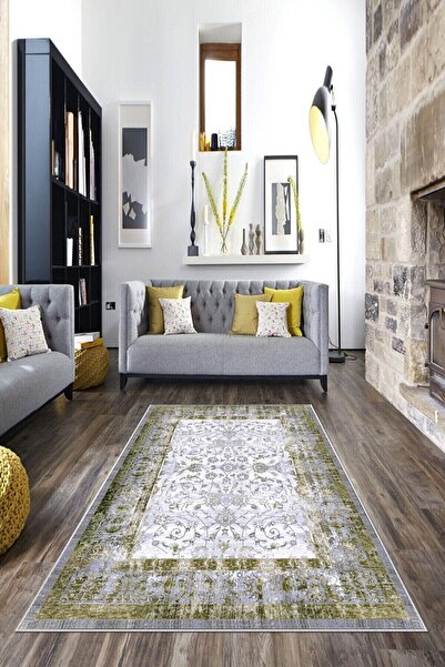 on the clouds Yeşil Çerçeveli Çiçek Desenli Yıkanabilir Kaymaz Taban Leke Tut...