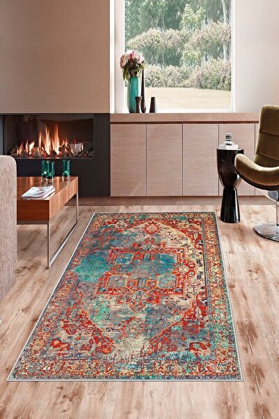 on the clouds Kırmızı Vintage Desen Çerçeveli Yıkanabilir Kaymaz Taban Leke T...