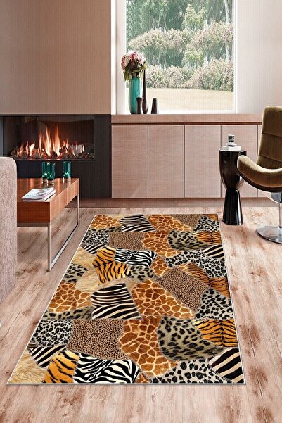 on the clouds Kahverengi Patchwork Leopar Desen Yıkanabilir Kaymaz Taban Leke...