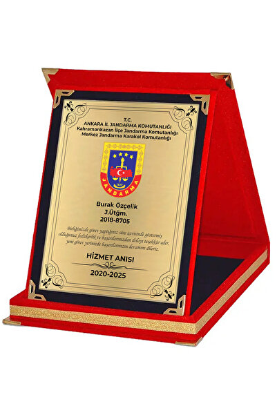 Teknookul Jandarma Plaketi | Kişiye Özel Hizmet Anısı Plaketi – Kırmızı Kadife Kutu Veda Hatırası- 15X20