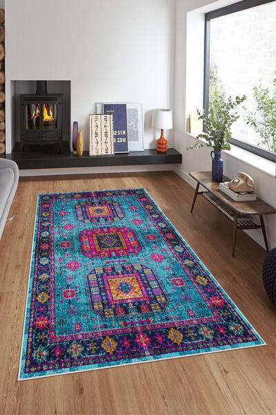 on the clouds Mavi Eskitme Desenli Çerçeveli Yıkanabilir Kaymaz Taban Leke Tu...