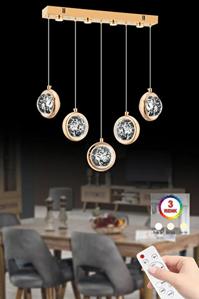 İstanbul Avize İstanbul Avize Yemek Masası Dünya 5'li Gold Kumandalı Üç Renk Led Lüx Modern Ledli Avize