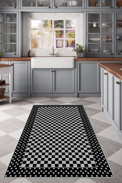 farbala Gri Dama Desenli Mutfak Yıkanabilir Kaymaz Taban Leke Tutmaz Yıkanabi...