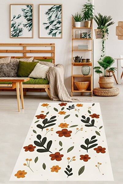 farbala Bohem İskandinav Piti Çiçekli Yıkanabilir Kaymaz Taban Leke Tutmaz Ya...